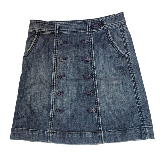 Bica Cheia Button Front Denim Mini Skirt | Size 2 | Stretchy High Waist Skirt - Picture 2 of 12